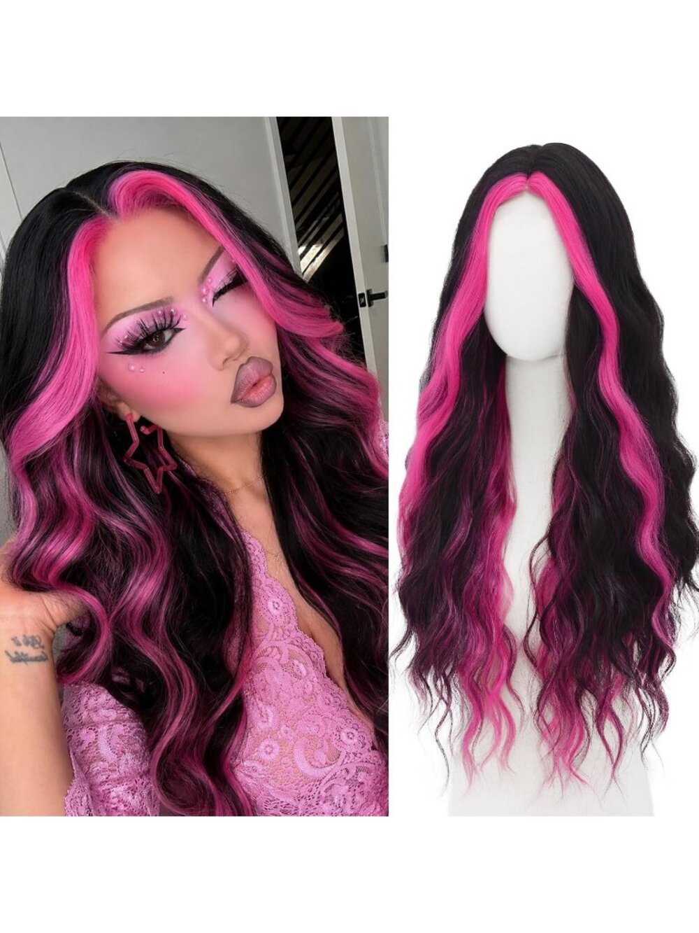 Women's Hot Pink Black WECAN 28 Inch Rainbow Wig Long Synthetic Colorful Hair